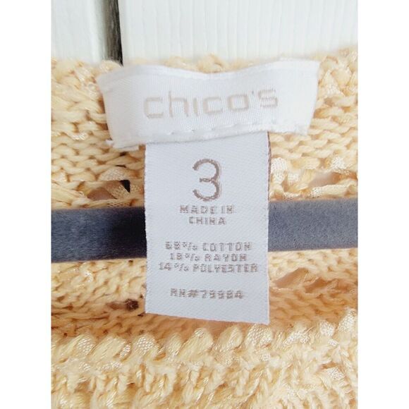 Chico's 3 Sweater Metallic Gold Open Knit Round Neck Long Sleeves - Picture 3 of 5